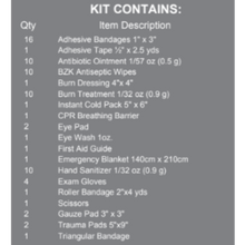 Load image into Gallery viewer, List of items included in a first aid kit on a gray background