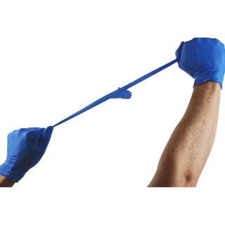 Person wearing blue gloves using a resistance band on a white background